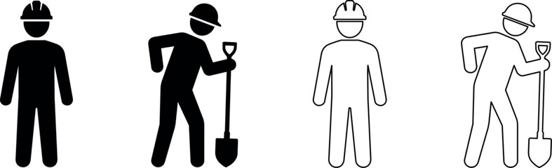 Construction worker icons with shovel and hard hat, solid and outline styles © Santiago