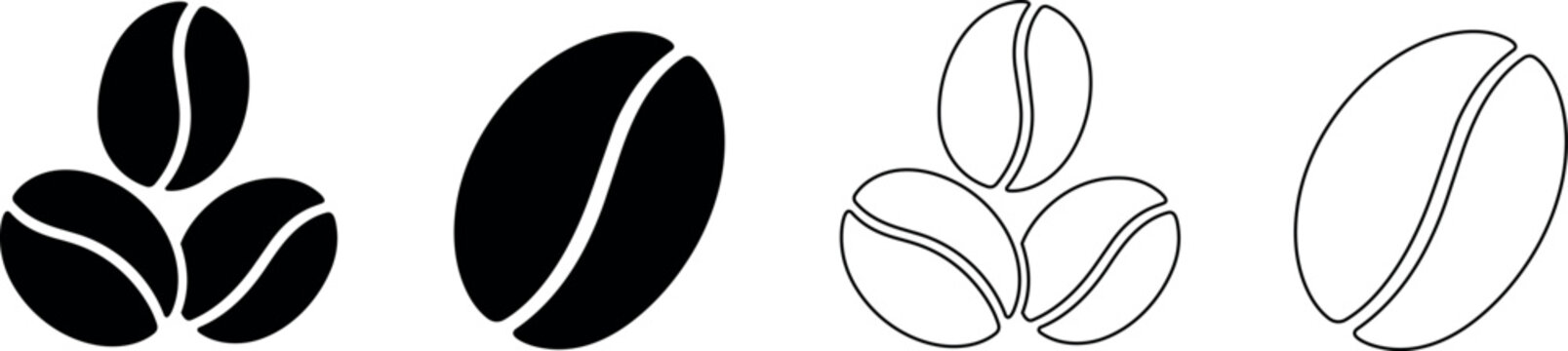 Set of coffee bean icons in solid black and outline styles