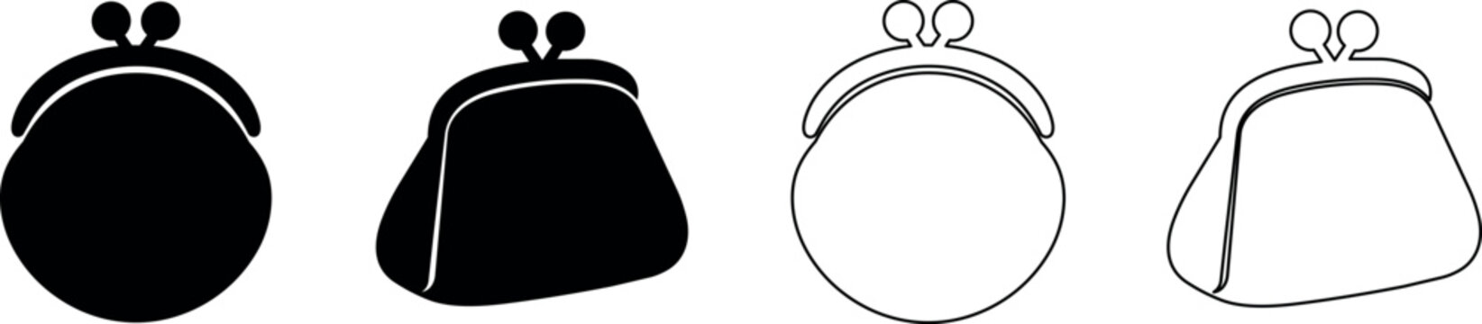 Collection of vintage coin purse icons in black and white outline styles