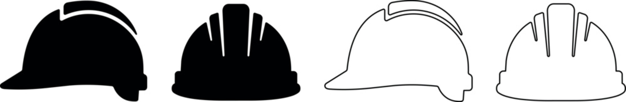 Set of four construction hard hats in silhouette and outline styles
