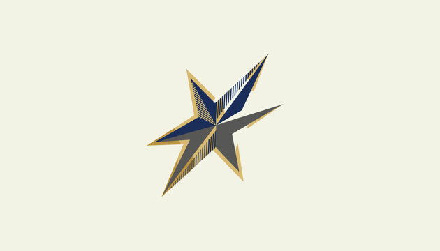 Stylized decorative star with gold and dark blue textured points resembles a retro compass rose on a plain off white background.