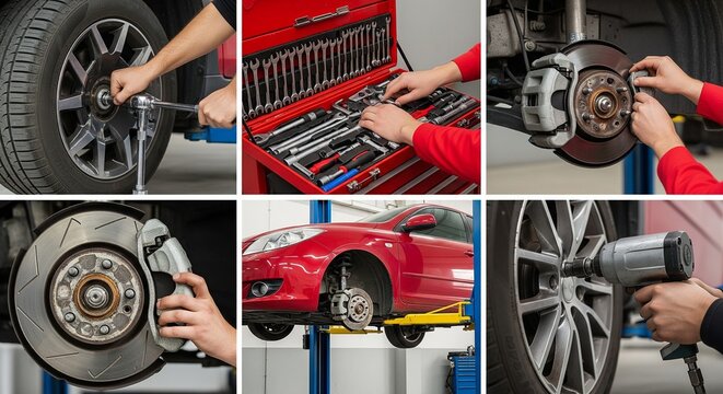Car brake replacement and tire change with tools and vehicle on lift in auto repair shop