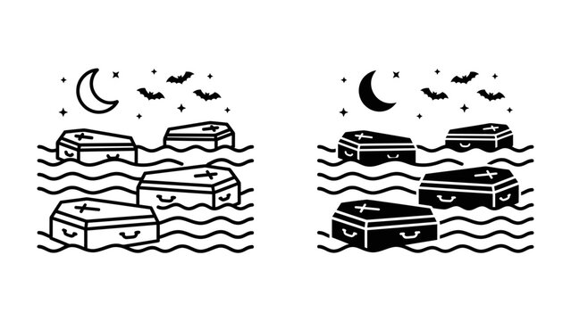 Nightmare on Elm Street: A collection of ominous coffins floats adrift on choppy waters under a crescent moon, surrounded by the silhouettes of bats, creating a spooky and macabre Halloween scene.
