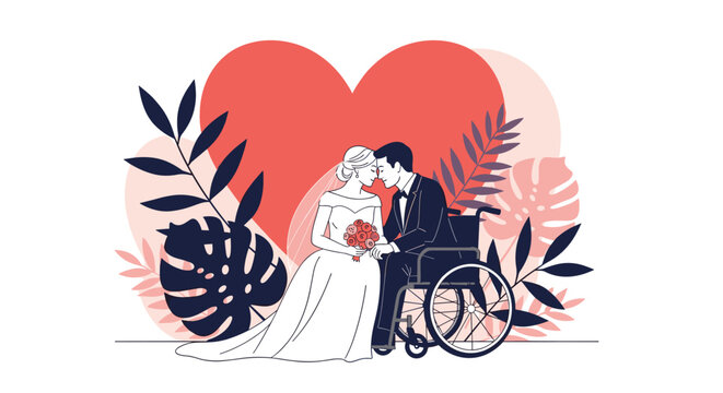 Tender moment between a beautiful bride and her groom in a wheelchair celebrating their romantic wedding day.