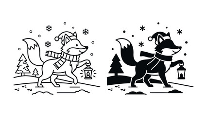 Fototapeta premium Winter Fox with Lantern: A charming fox, adorned with a festive hat and scarf, carries a glowing lantern through a snowy landscape, accompanied by stylized snowflakes and pine trees.