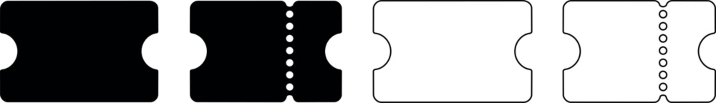 Collection of simple ticket icons in black and white with perforations