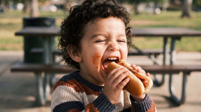 Hot Dog Day celebration captures toddler with exaggerated open mouth biting hot dog with ketchup detail for fun eating poster design