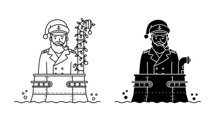 Christmas Captain: A bearded captain in a Santa hat stands on a submarine deck adorned with festive lights, ready for a holiday voyage. © Mohammad
