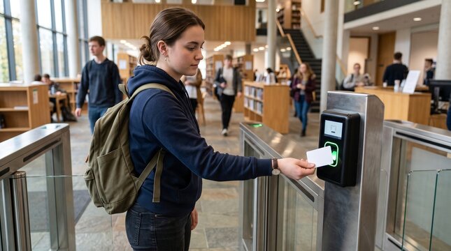 A student with a backpack uses a key card to access a secure entry gate within a modern building, showcasing access control technology and daily life.