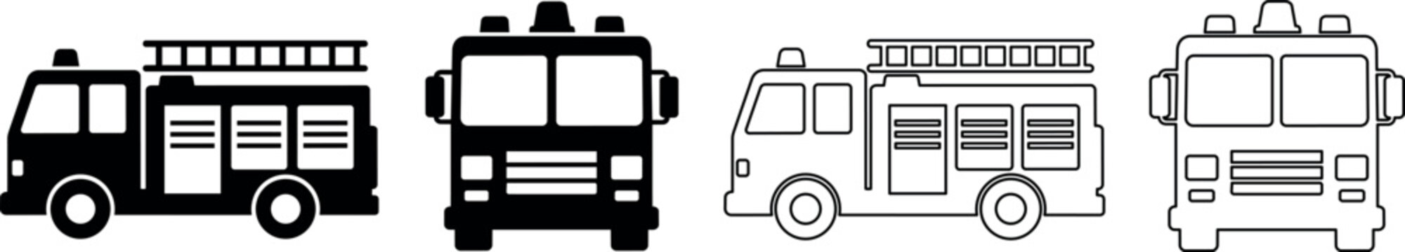Set of four fire truck icons in silhouette and outline styles