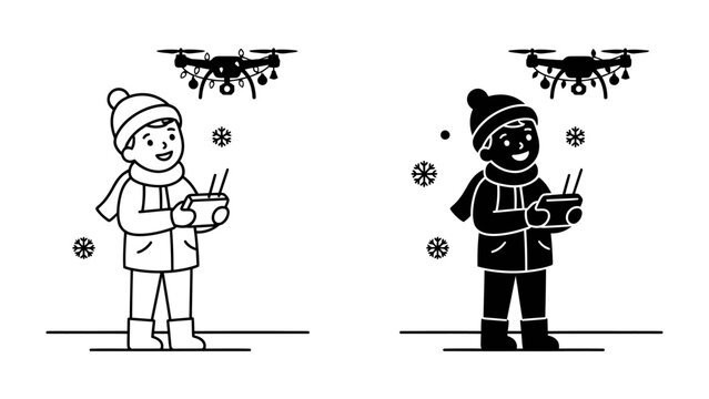 Boy Controlling Drone in Snow: A joyful boy in winter attire, wearing a hat and scarf, holds a remote control.