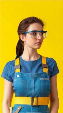 A young woman wearing mechanic's overalls and safety goggles looks directly at the camera. She is standing against a yellow background which emphasizes her attire and occupation.