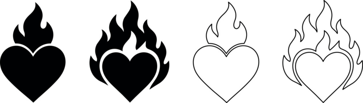 Set of flaming heart icons in black and white outline and solid fill styles