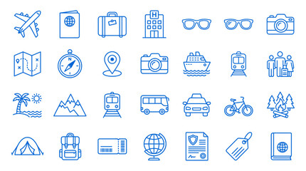 Fototapeta premium Line Travel and Tourism Icons Set – Vector Vacation, Transportation, Camping, and Holiday Symbols