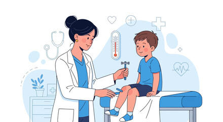 Obraz premium Pediatrician Examining Boy's Reflexes During a Regular Medical Examination Illustrated in Modern