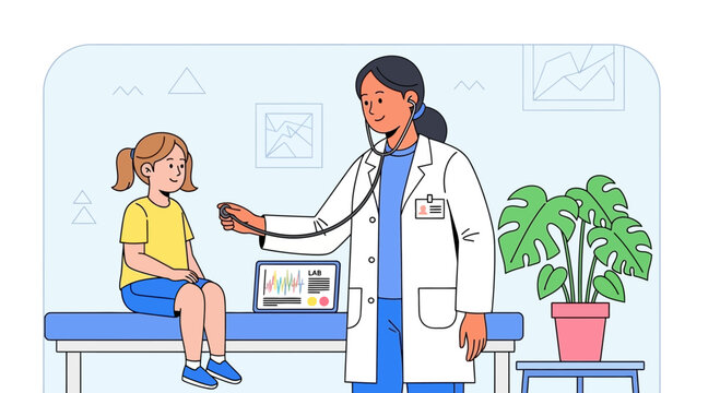 Pediatrician Examining Little Patient In Clinic During Medical Checkup Vector Illustration
