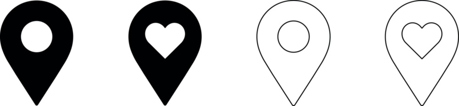 Collection of map pin icons with heart and circle symbols