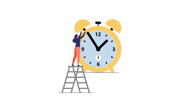 Active woman stands on a stepladder to carefully adjust the bells on a giant yellow alarm clock indicating time management.