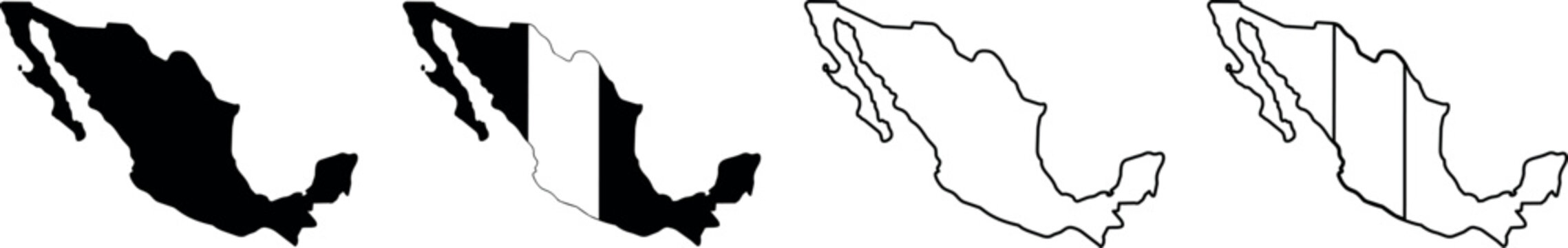 Collection of Mexico map outlines and filled shapes with flag elements