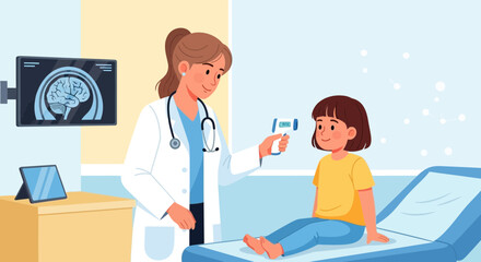 Obraz premium Pediatrician Checking Temperature: Healthcare Illustration With Child In Medical Exam Setting