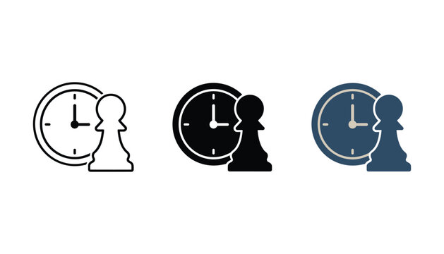 Time management pawn icon set featuring chess piece with clock symbol in three styles including outline solid and flat color for business strategy and productivity apps