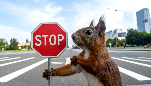 A curious squirrel holds a stop sign on a city street corner.