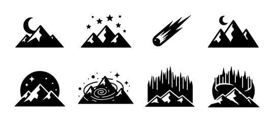 Mountain Icons Set, Night Sky and Aurora Borealis, Celestial and Meteorite Elements, Vector Graphics for Landscape and Nature Themes © Afifa