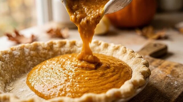 Pumpkin pie filling pouring into raw pie crust on wooden board with autumn leaves background creating warm cozy homemade dessert baking scene perfect for fall season