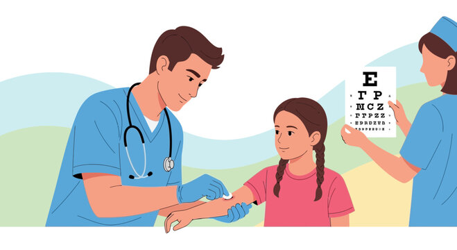 Pediatric Healthcare Vaccination and Eye Exam Medical Procedure for Child Illustrated