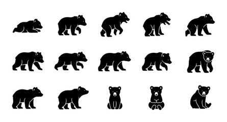 Black Bear Vector Icons Set, Wildlife Animal Silhouettes, Cute Cub Poses, Forest Mammal Graphics, Nature Elements Collection © Afifa
