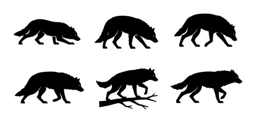 Obraz premium Wolf Silhouettes Collection, Wild Animal Vector Icons, Canine Wildlife Graphics, Forest Predator Set, Black and White Animal Art