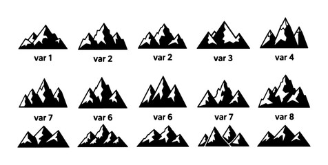 Mountain Icons Set, Diverse Peak Designs, Vector Graphics for Adventure and Nature Themes, Black and White Landscape Elements © Afifa