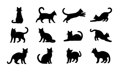 Obraz premium Silhouette Cat Collection, Diverse Poses Vector Set, Black Feline Icons for Graphic Design and Pet Themes