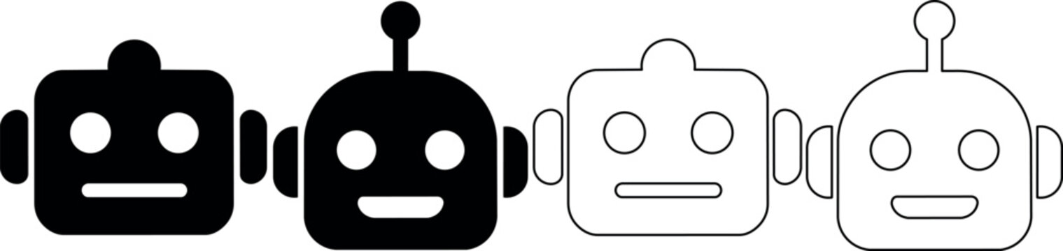 Set of robot head icons in solid black and outline styles