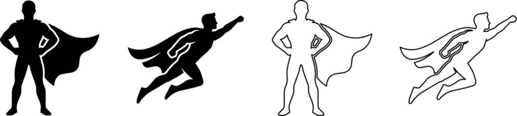 Collection of superhero silhouettes and outlines in dynamic poses © Santiago