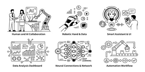 Fototapeta premium Artificial Intelligence Business Technology Vector Illustration Featuring Smart Robot Assistant, Data Analysis, Machine Learning, Automation Workflow and Future Digital Innovation Concepts