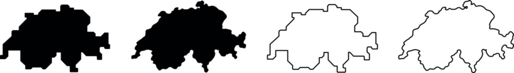 Outline maps of Switzerland in black and white silhouette and line art © Santiago