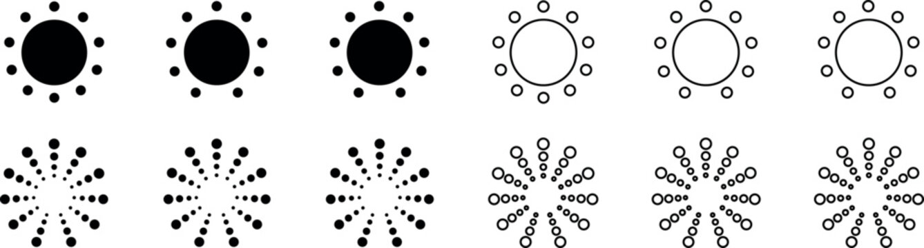 Set of radial dot patterns and sunburst icons in black and white