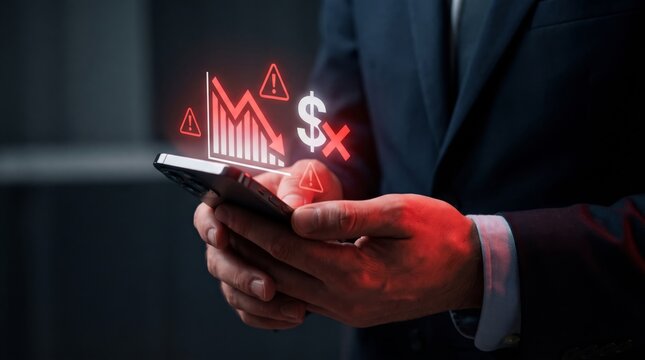 Financial crisis and market decline shown on smartphone screen with falling graphs and warning icons