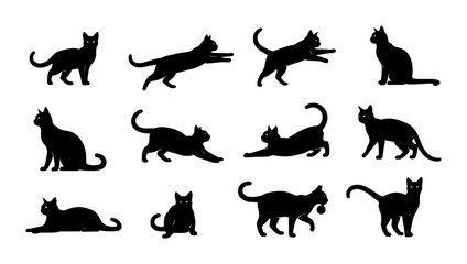 Fototapeta premium Black Cat Silhouettes Collection, 12 Feline Poses Vector Set, Domestic Animal Graphics for Pet Lovers and Design Projects