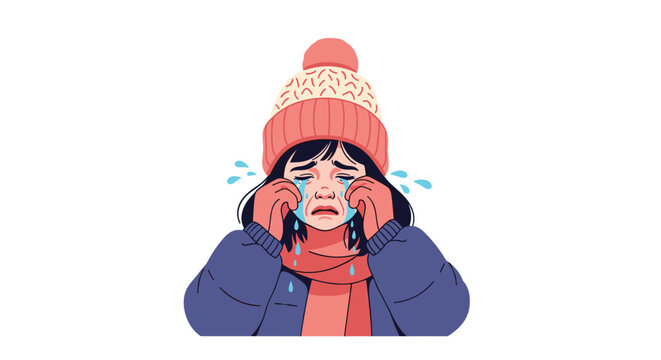 Sad little girl wearing a pink winter hat and scarf crying with large tears streaming down her face in the cold.