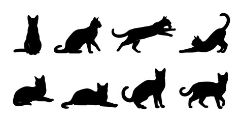 Obraz premium Black Cat Silhouettes Vector Set: Diverse Poses, Elegant Feline Forms, Minimalist Animal Graphics for Design
