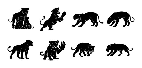 Black Panther Vector Icons Set, Wild Cat Silhouettes in Various Poses, Majestic Feline Graphics for Wildlife and Nature Designs © Rafi