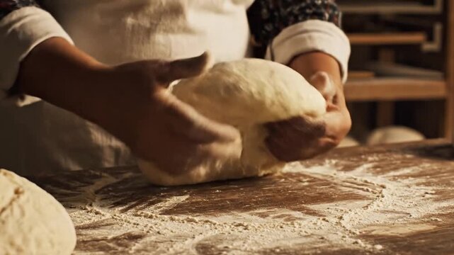 A baker kneading fresh dough on a rustic wooden kitchen table
