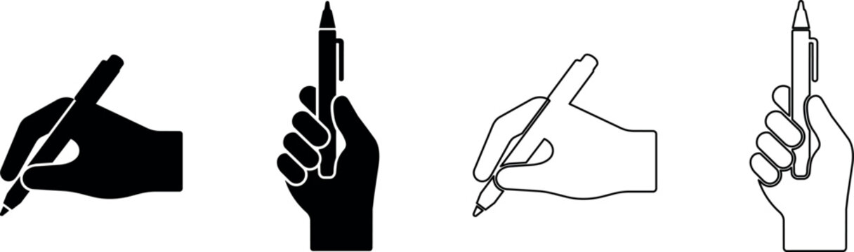 Hand holding a pen, ready to write or draw, in silhouette and outline styles