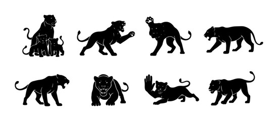 Black Panther Silhouettes Collection, Wild Cat Poses Vector Set, Majestic Feline Graphics, Powerful Big Cat Icons, Elegant Animal Illustrations © Rafi