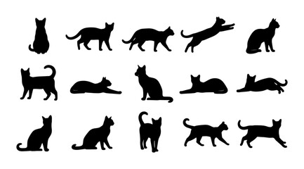 Fototapeta premium Black Cat Silhouettes Collection, Diverse Poses Vector Set, Feline Animal Icons for Graphic Design and Pet Branding
