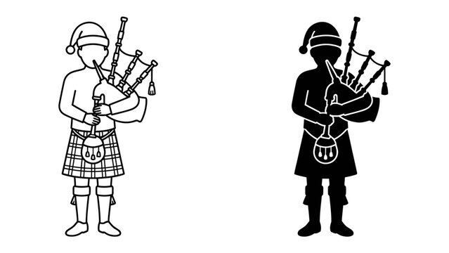 Bagpiper in Christmas Hat: A festive bagpiper wearing a Santa hat and traditional kilt plays the bagpipes, presented in both line art and silhouette styles for versatile use.