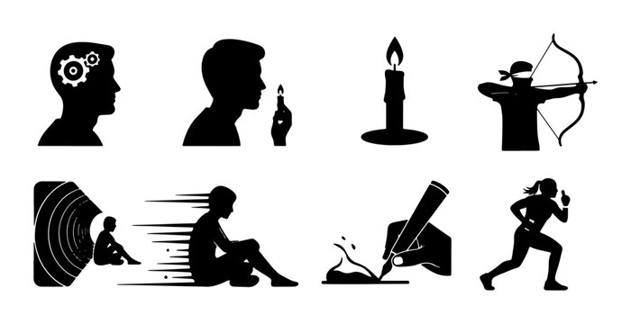 Silhouette Icons: Brainstorming, Inspiration, Focus, Strategy, Creativity, Action, and Progress Vector Set