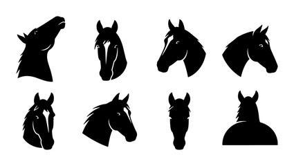 Set of 8 Horse Head Silhouettes, Vector Graphics Collection, Equestrian Animal Profiles, Black and White Equine Icons for Design © Rafi